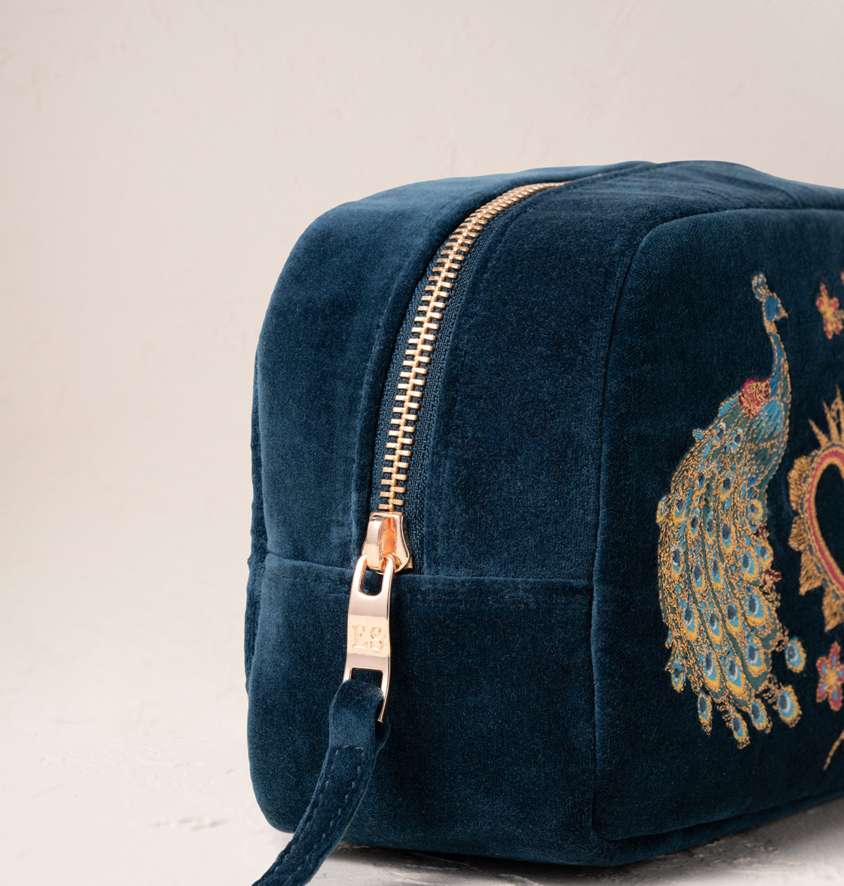 Peacock Floral Ink Blue Velvet Makeup Bag