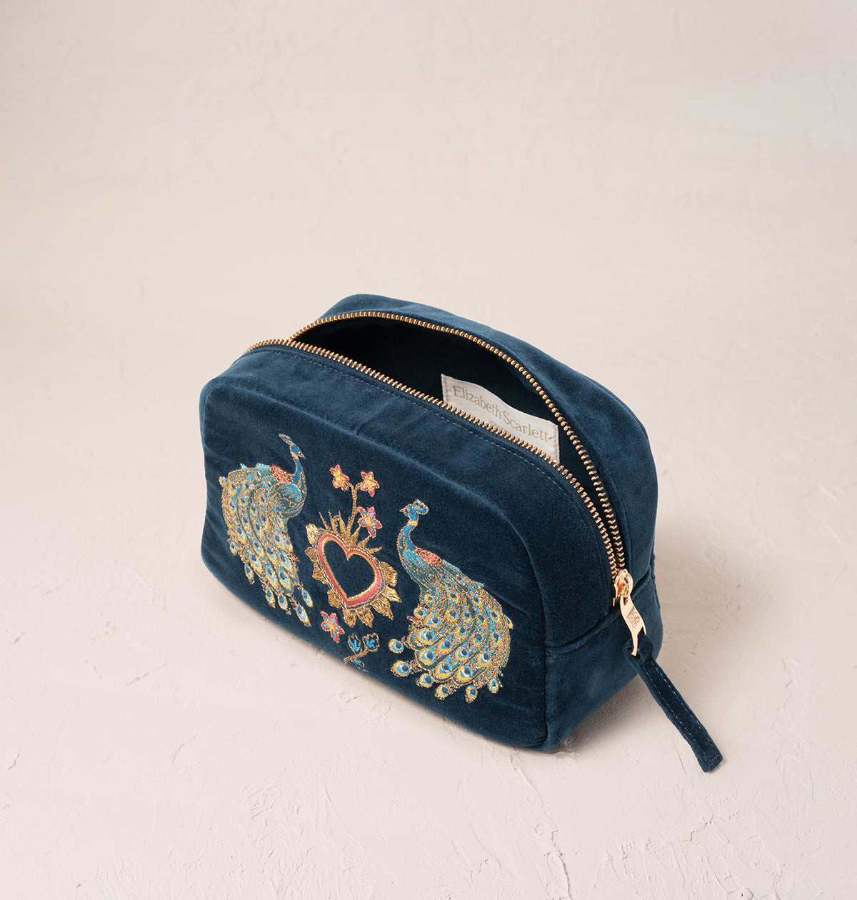 Peacock Floral Ink Blue Velvet Makeup Bag