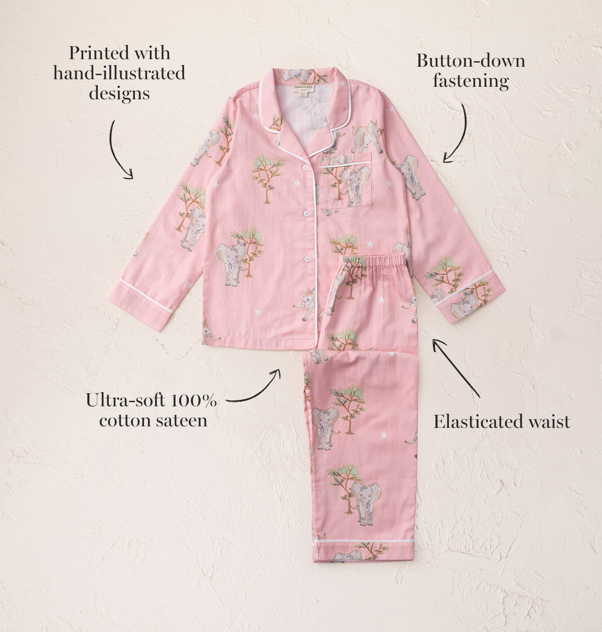 Kids' Cotton Sateen Elephant Pajamas