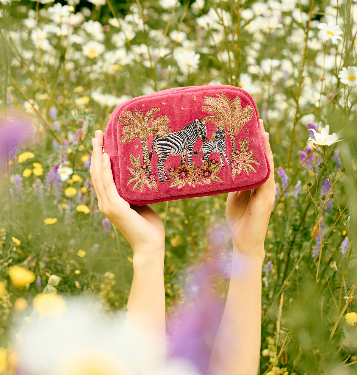 Botanical Zebra Velvet Makeup Bag