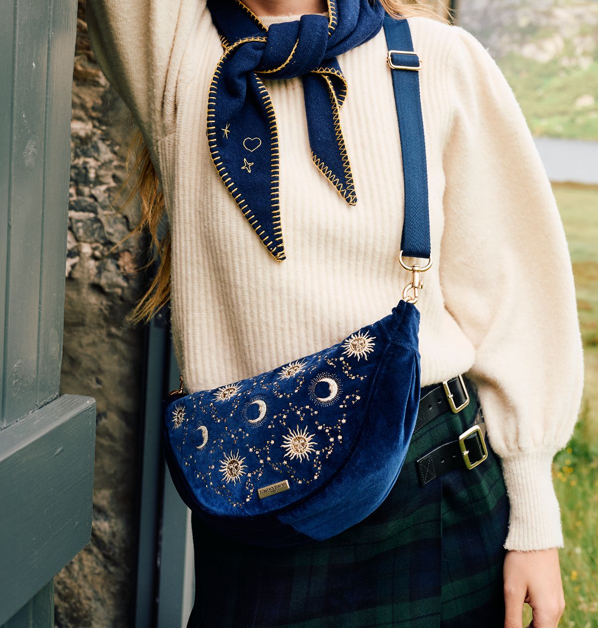 Celestial Sun & Moon Velvet Crossbody Sling Bag
