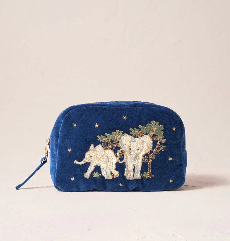 Elizabeth Scarlett Baby Elephant Conservation Navy Velvet Makeup Bag