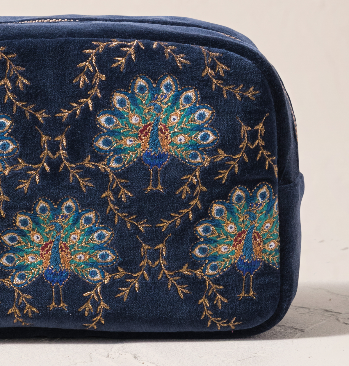 Botanical Peacock Velvet Makeup Bag