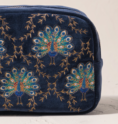 Botanical Peacock Velvet Makeup Bag