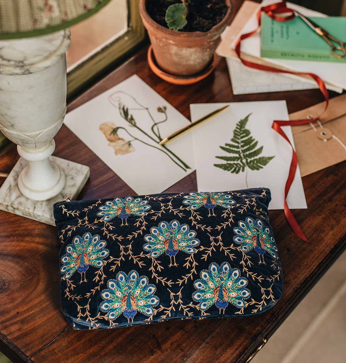 Botanical Peacock Velvet Everyday Pouch