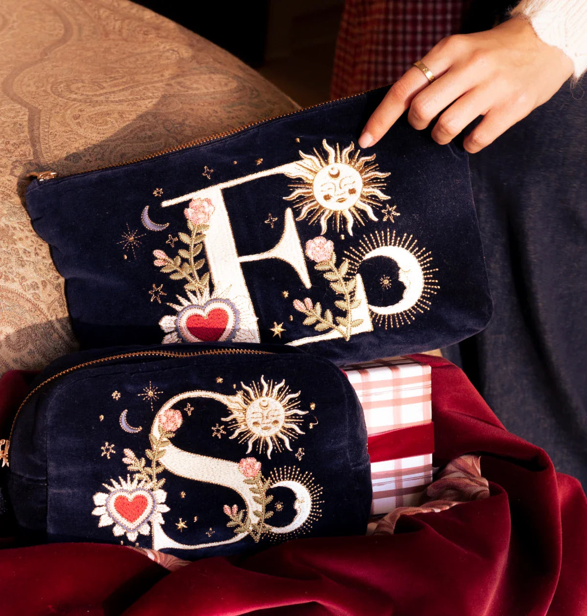 Enchanted Alphabet Navy Velvet Makeup Bag