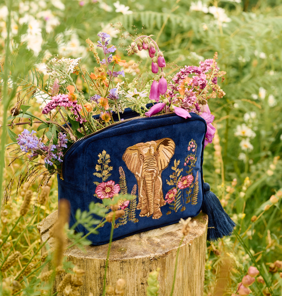 Botanical Elephant Velvet Wash Bag