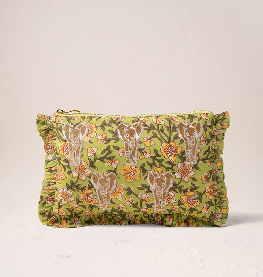 Golden Elephants Cotton Rebirth Frill Pouch - Green