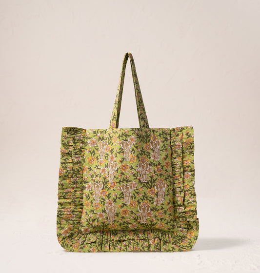 Golden Elephants Cotton Rebirth Frill Tote - Green
