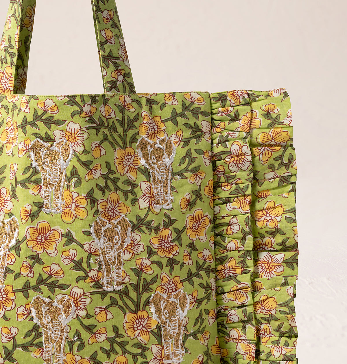 Golden Elephants Cotton Rebirth Frill Tote
