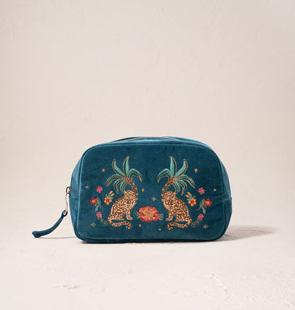 Tropical Paradise Jaguar Velvet Makeup Bag - Rich Blue