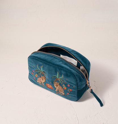 Tropical Paradise Jaguar Velvet Makeup Bag - Rich Blue
