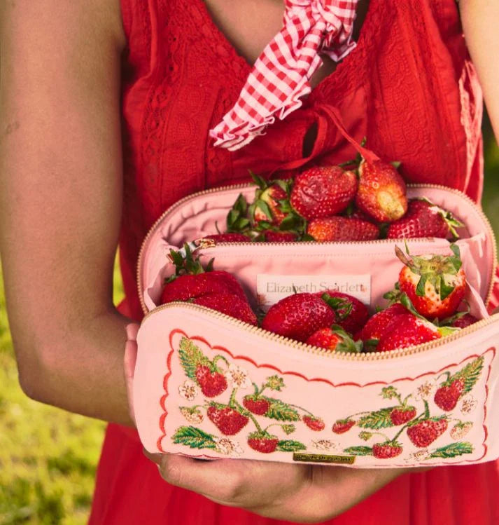 Strawberries Open Flat Makeup Bag in Rose | Elizabeth Scarlett