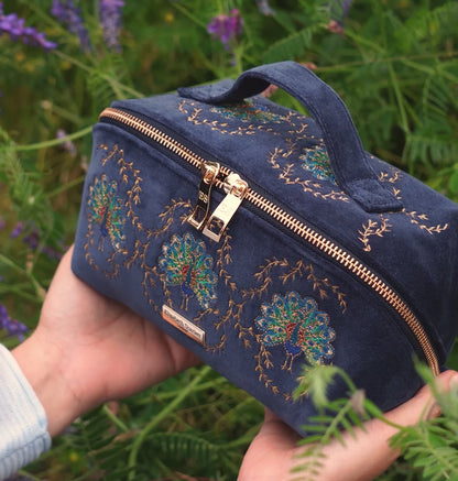 Botanical Peacock Velvet Open Flat Makeup Bag