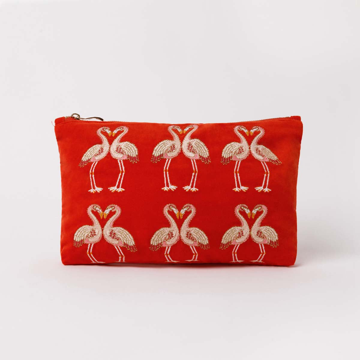 Luxury Embroidered Kissing Flamingo Velvet Everyday Pouch